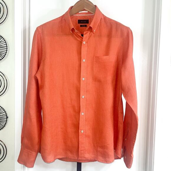 Porter & Ash Mens 100% Linen Flip Cuff Button Down Shirt - Orange, Size L - Picture 1 of 9